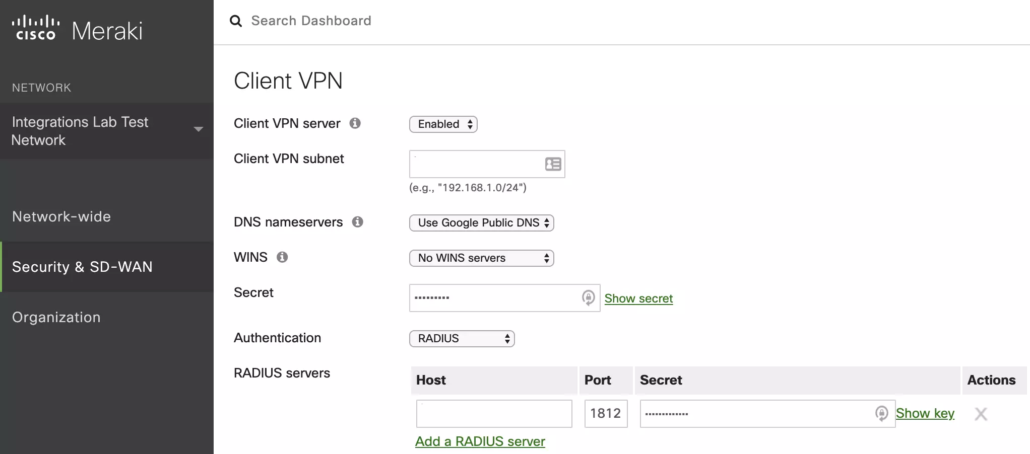 Meraki Client VPN MFA: Add Radius