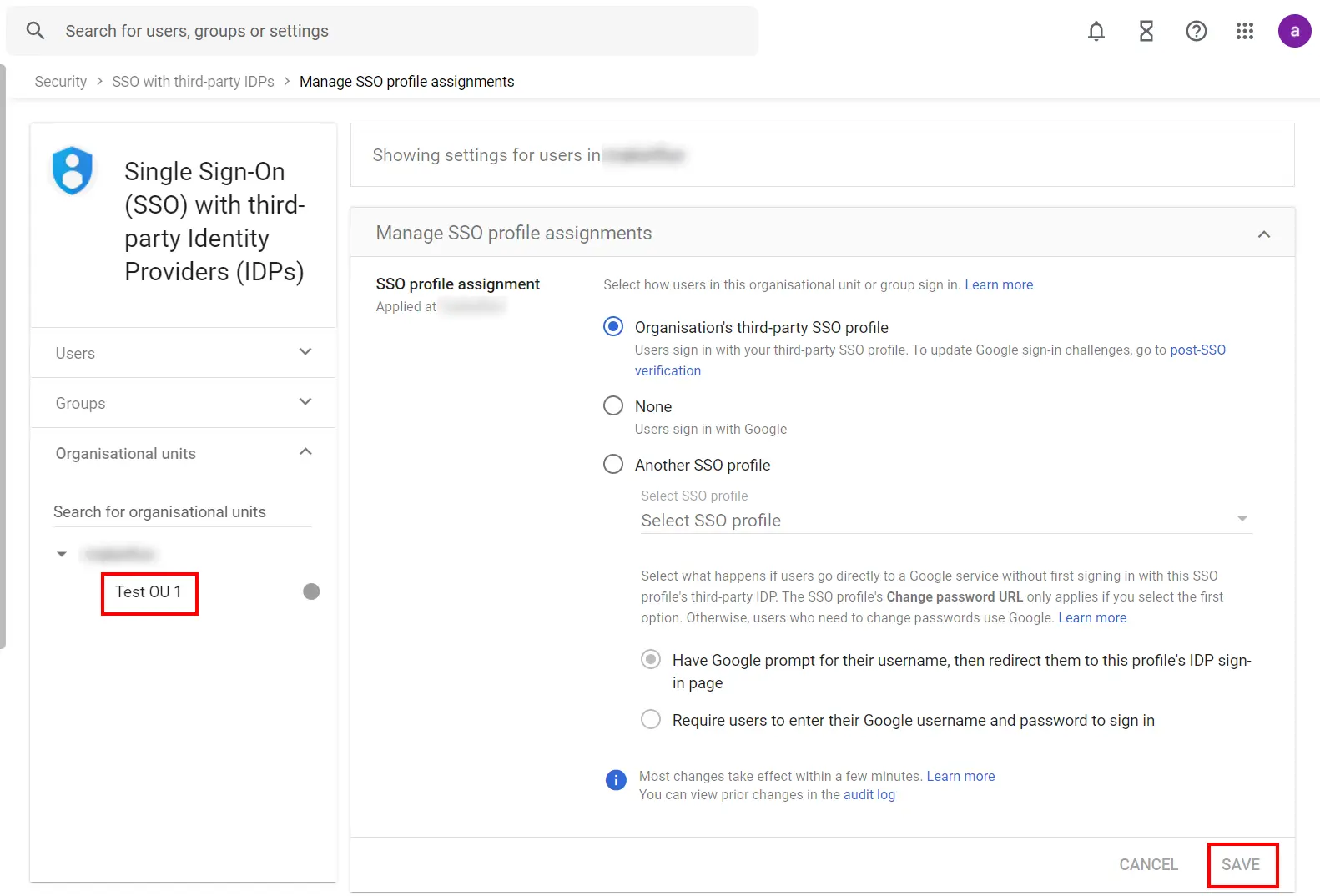 Gmail sso (Single Sign-On) select the OU or group for assigning the SSO Profile