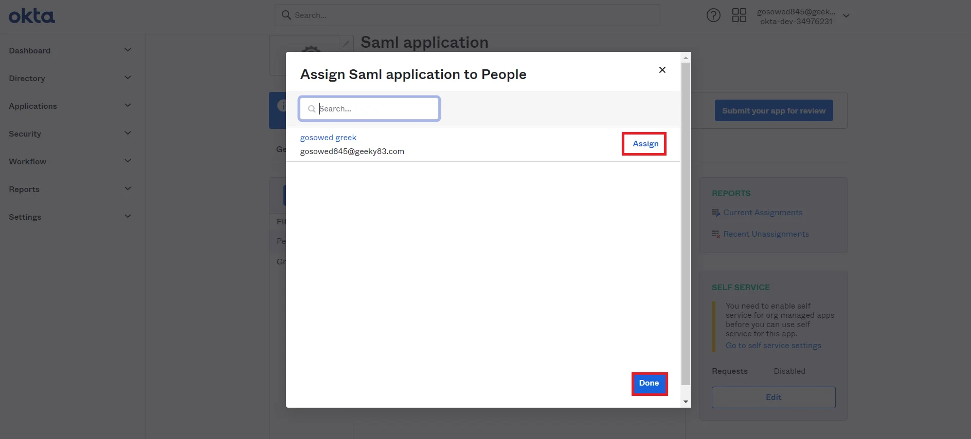 Okta as SAML IdP:assign people in app