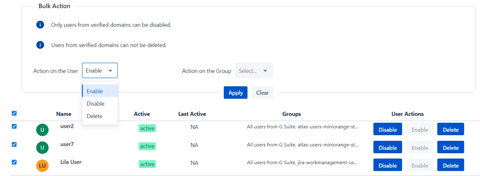 Setup Bulk User Management fo Jira, Bulk action management to inactivate deactivate users