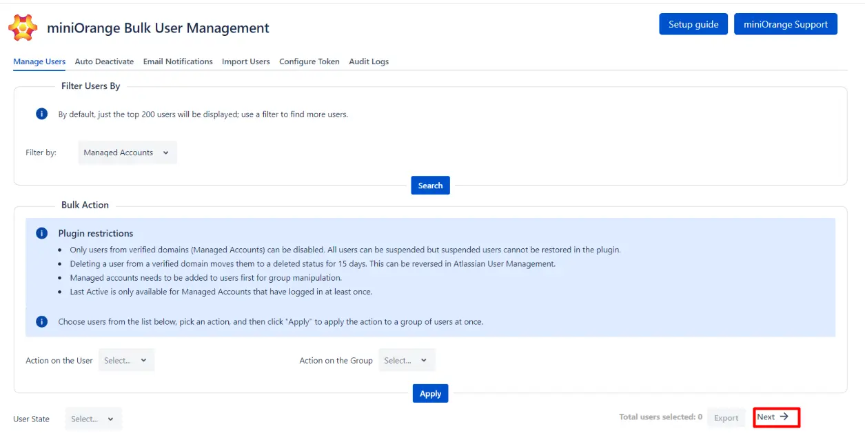 Setup Bulk User Management fo Jira, Bulk action management to inactivate deactivate users