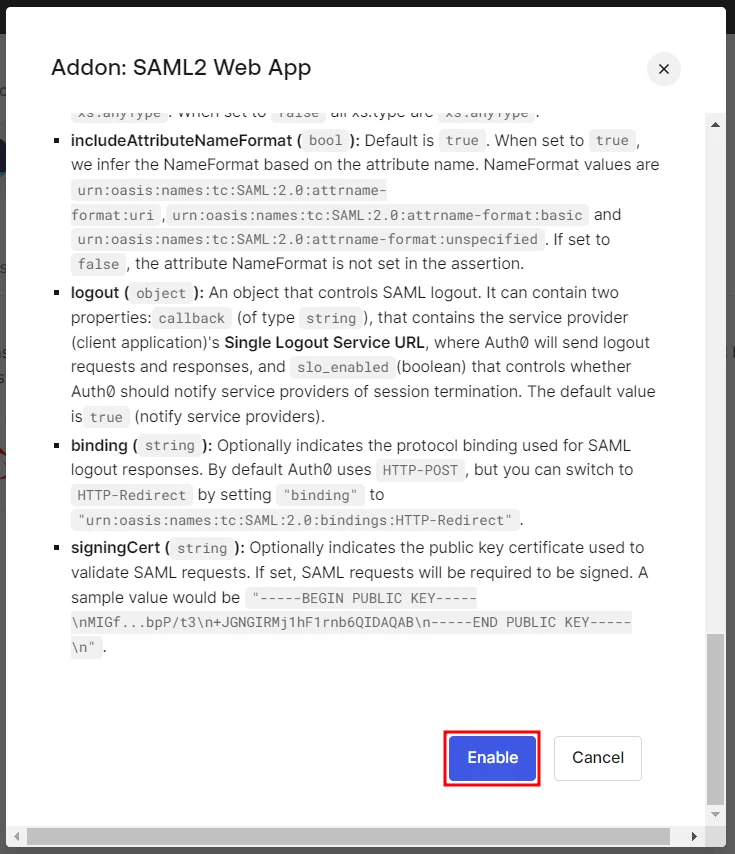 SAML Single Sign On (SSO), Option to enable the SAML2 Web App