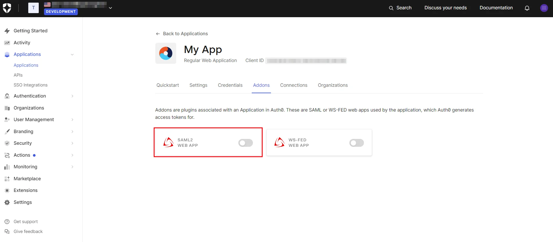 SAML Single Sign On (SSO), Addons section of the new app