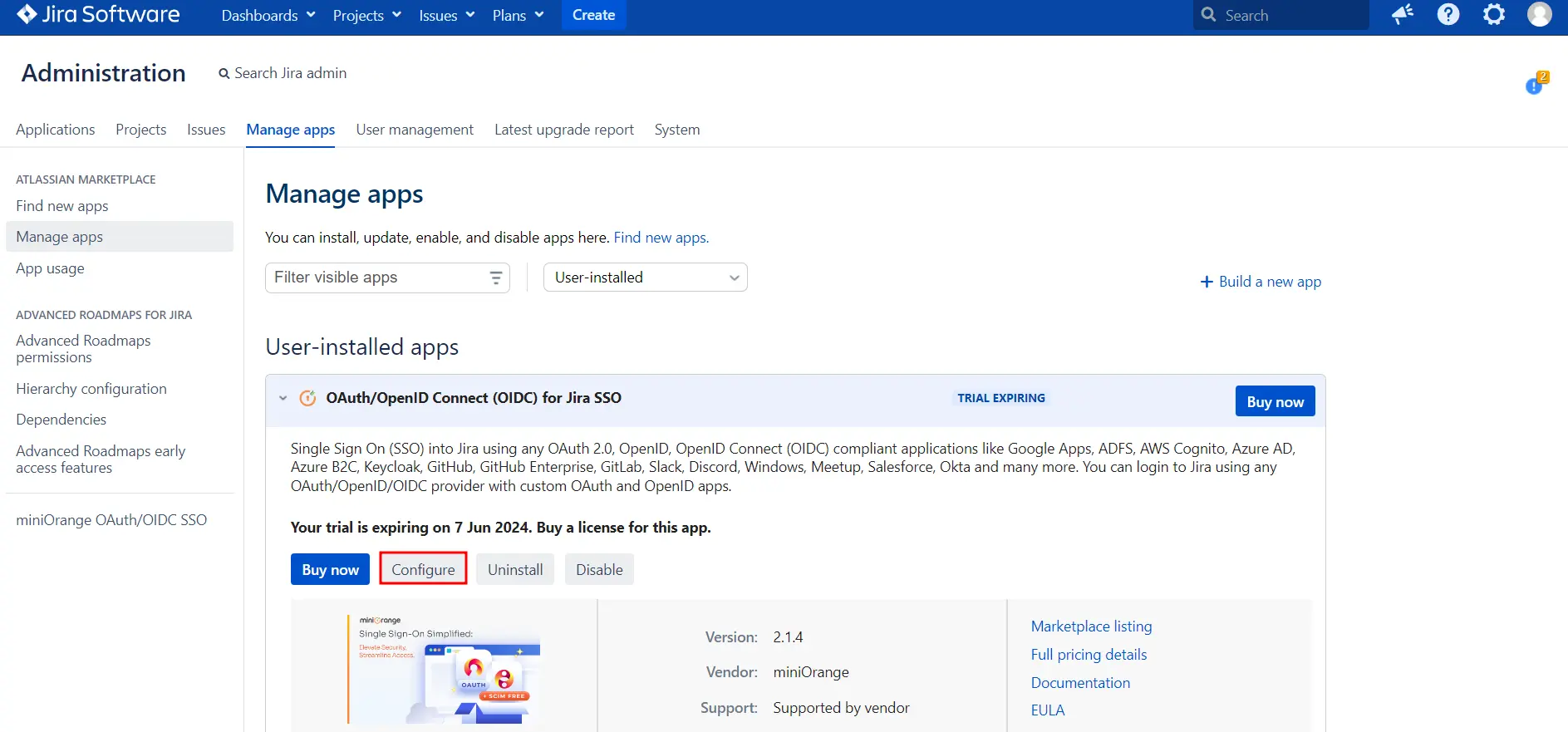 Jira admin dashboard with the OAuth SSO plugin configuration option highlighted