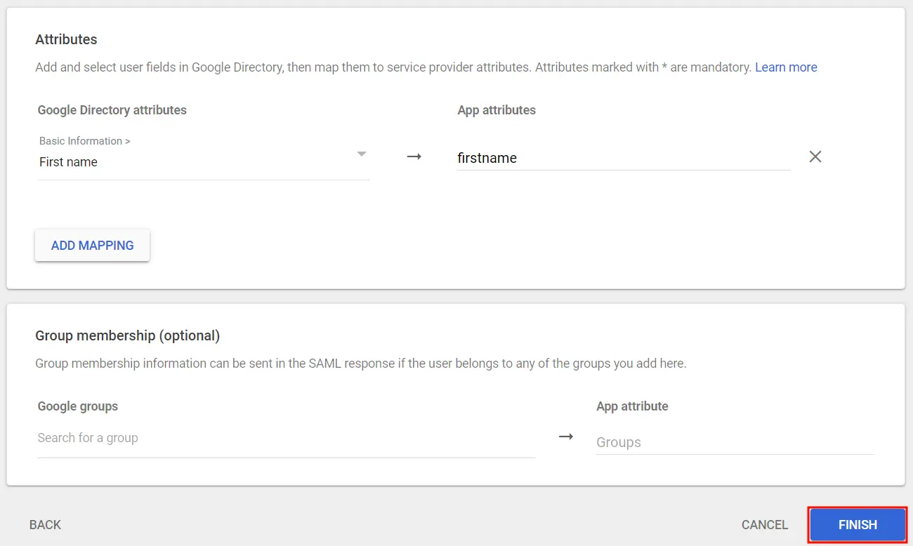 Google Admin Console user and group attribute mapping options