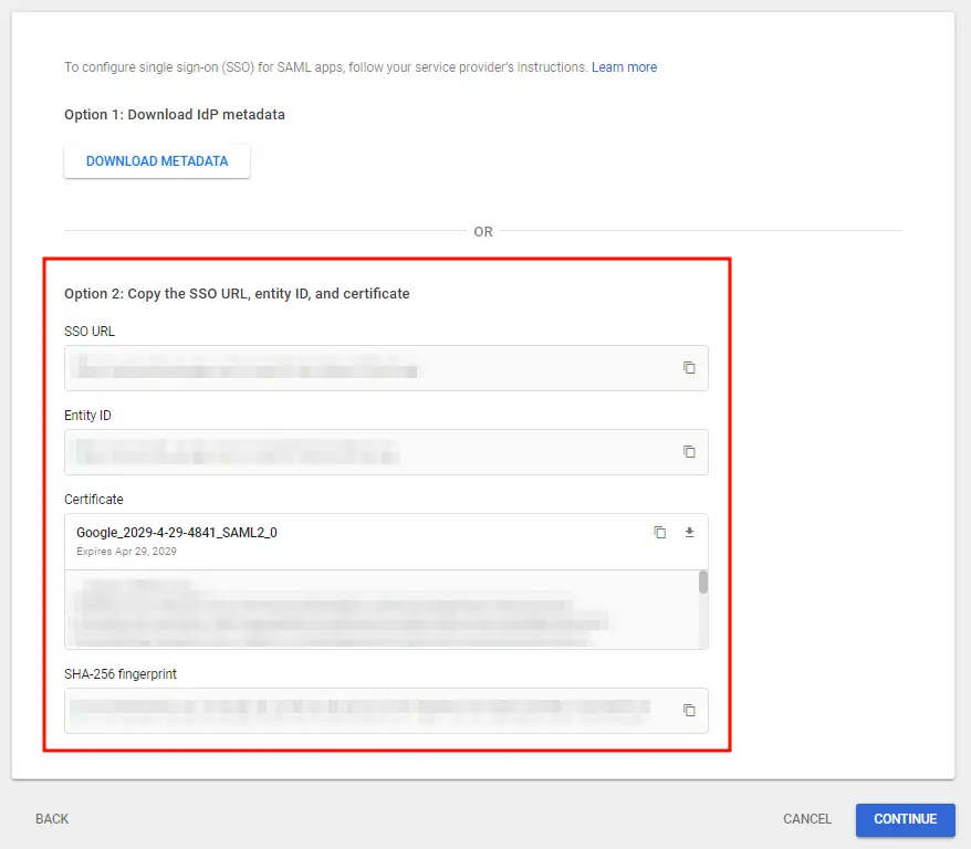 Google Admin Console details to configure the Service Provider manually