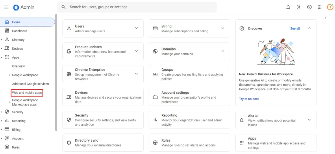 Web and mobile apps tab inside Google Admin Console