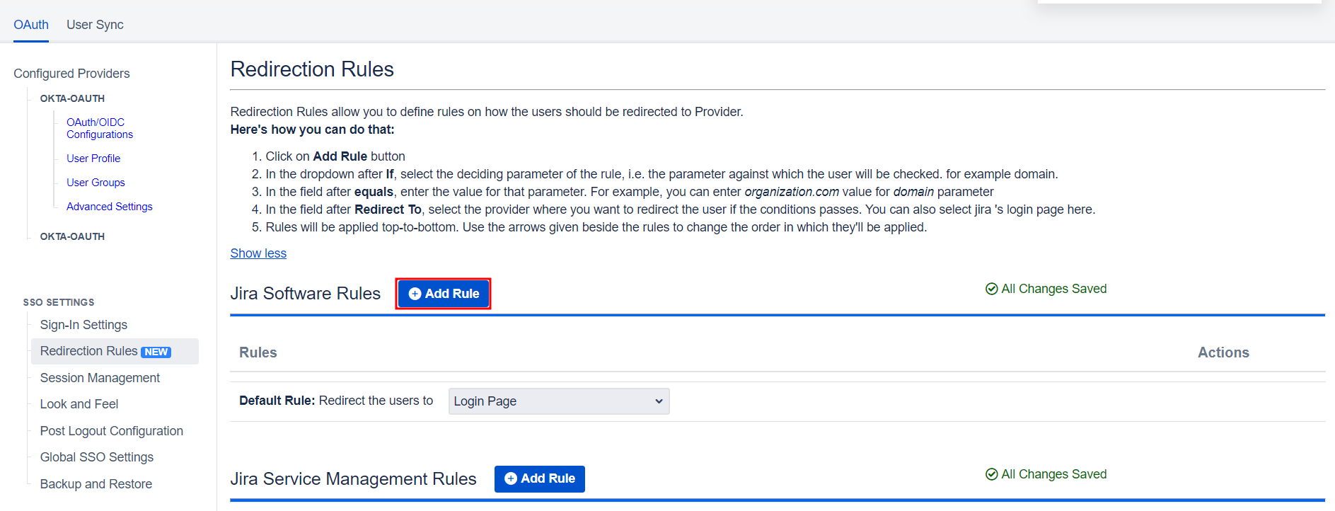 OAuth / OpenID Single Sign On (SSO) into Jira, Redirection Rules tab with provision for creating new rule