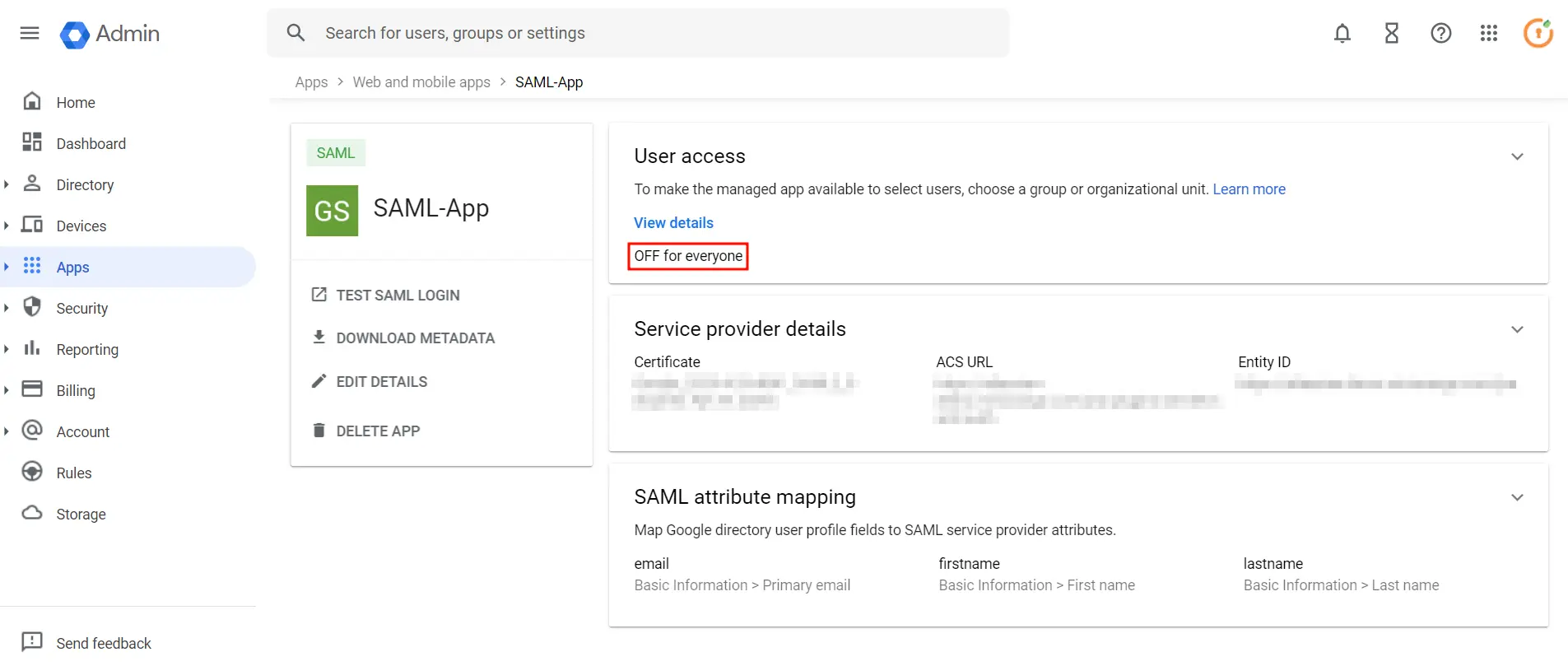 SAML App's user access option
