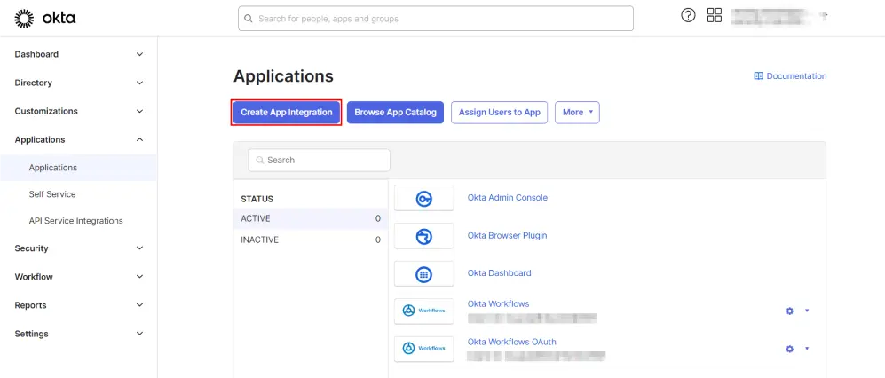 Okta Applications tab with the Create App Integration option highlighted.