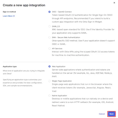 Create new app integration dialog box showing different sign-in methods and application types