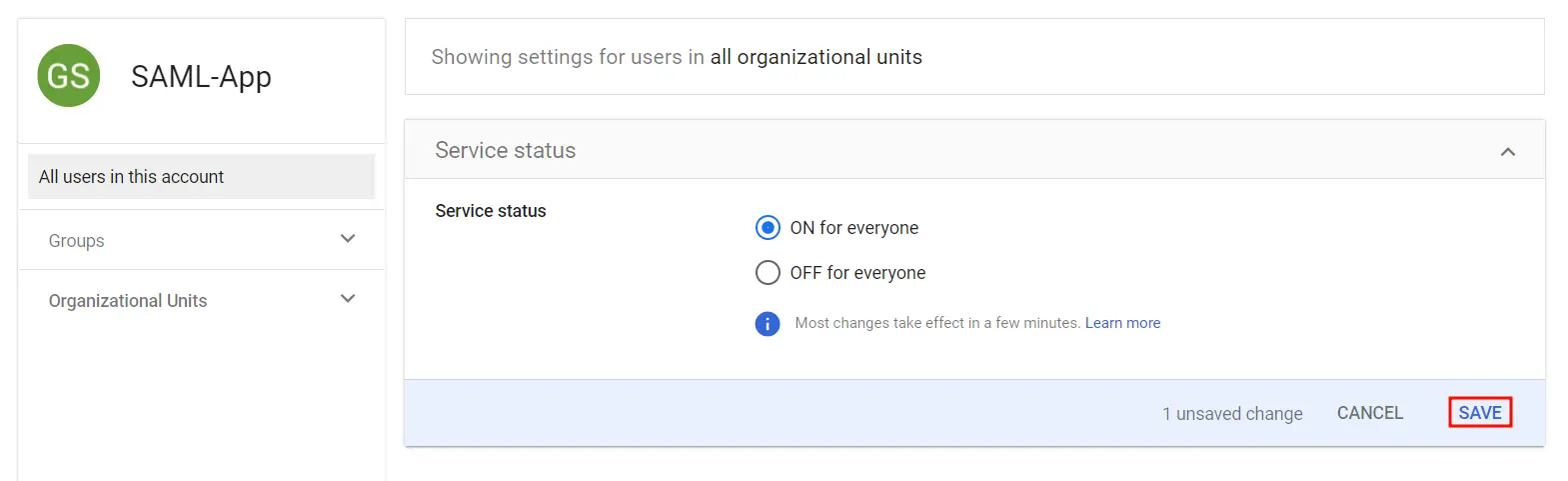 SAML App's service status with ON for everyone option enabled