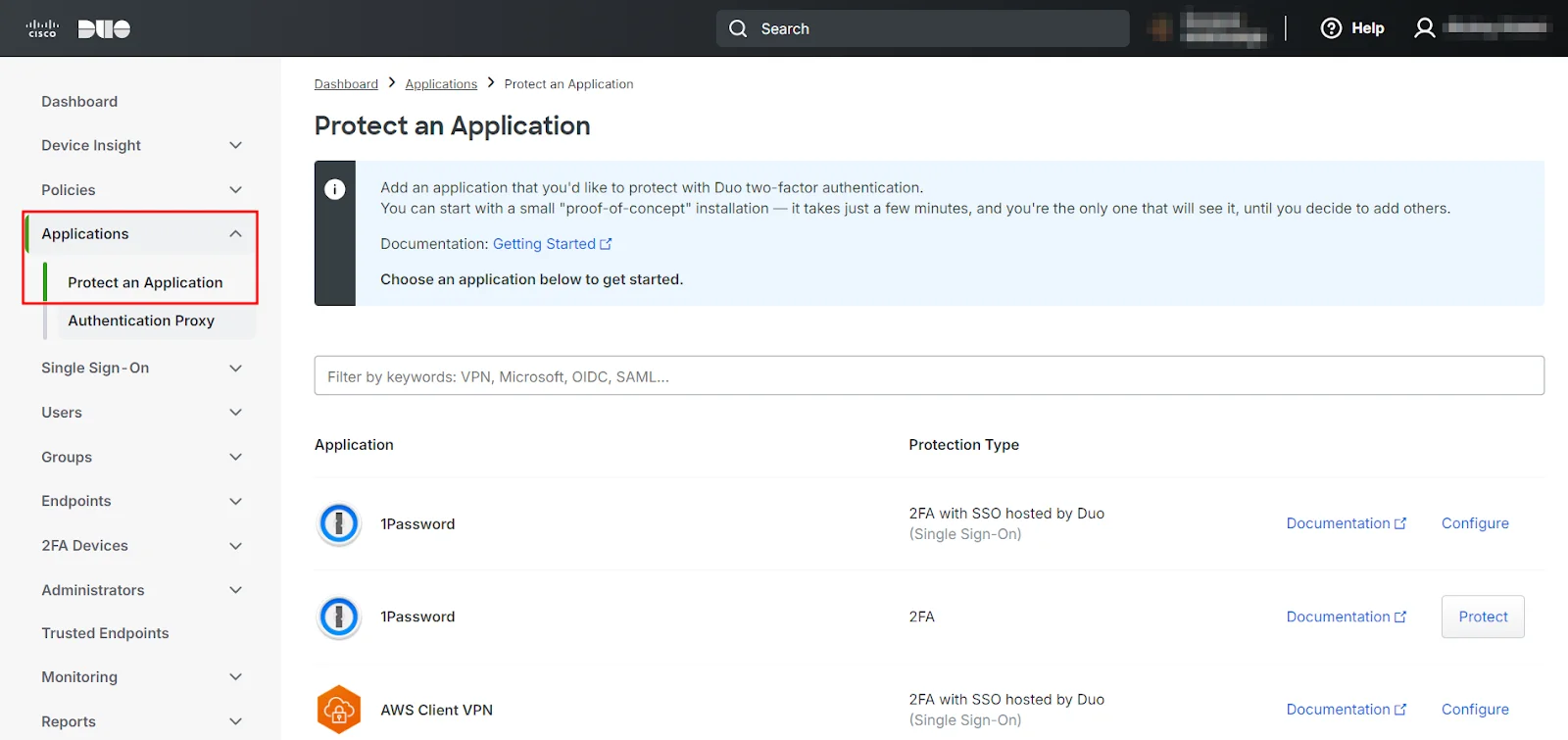 Duo Admin Panel with the Applications option highlighted