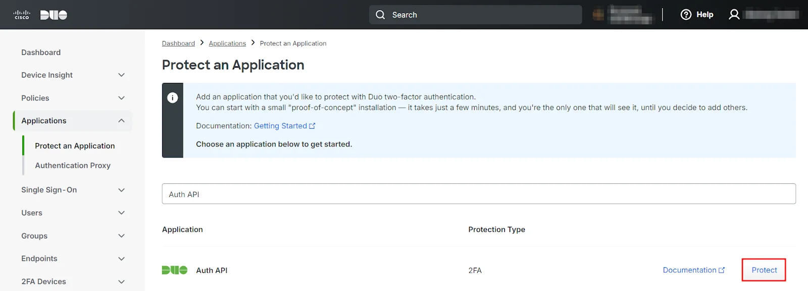 Provision to add an application you want to protect with DUO 2FA