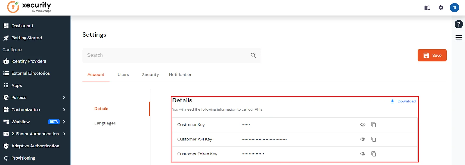 miniOrange IDP Customer Key details window