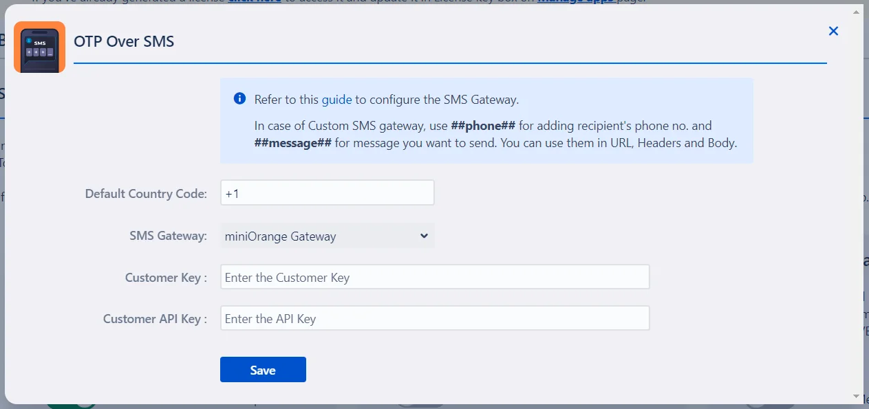 OTP Over SMS settings