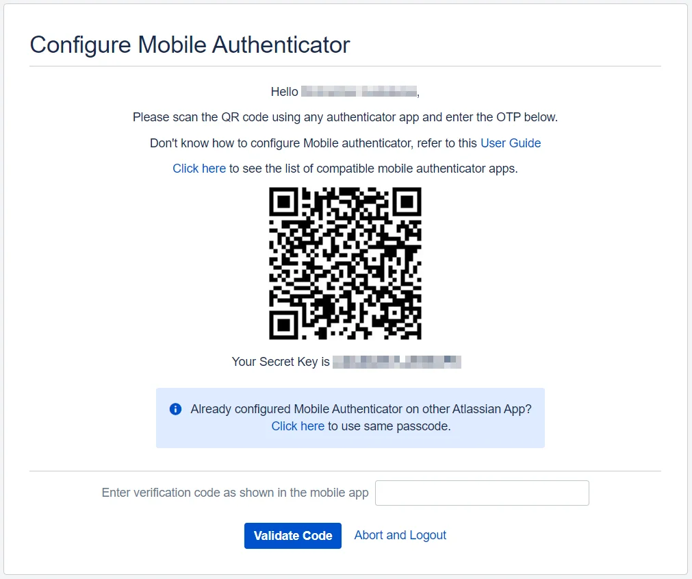 Mobile Authenticator configuration pop up