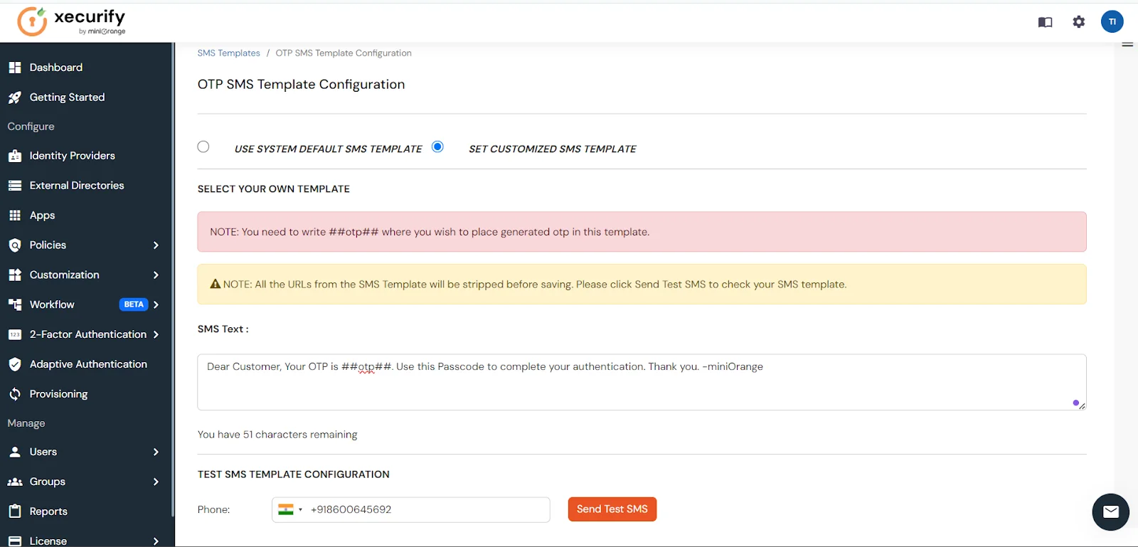  miniOrange SMS Gateway OTP template configuration screen