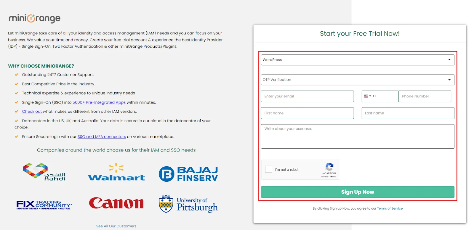 miniOrange IDP sign up page