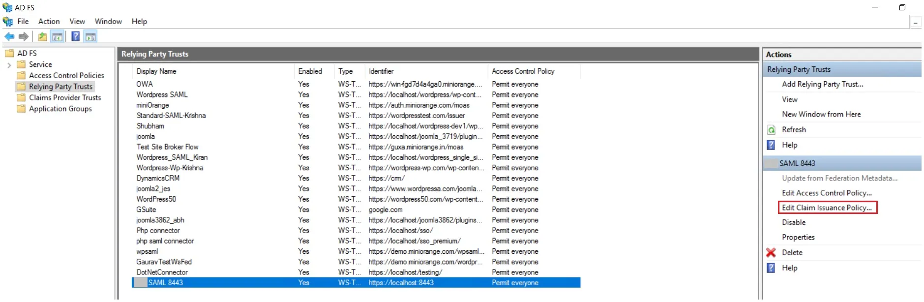 SAML Single Sign On (SSO) using ADFS Identity Provider, Edit Claim Issuance Policy