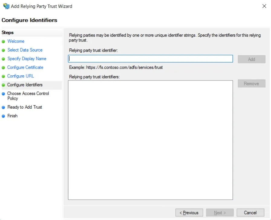 SAML Single Sign On (SSO) using ADFS Identity Provider, Relying party trust identifier