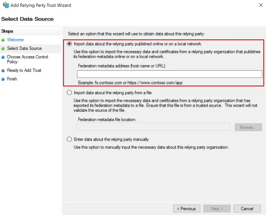 SAML Single Sign On (SSO) using ADFS Identity Provider, Import metadata through URL