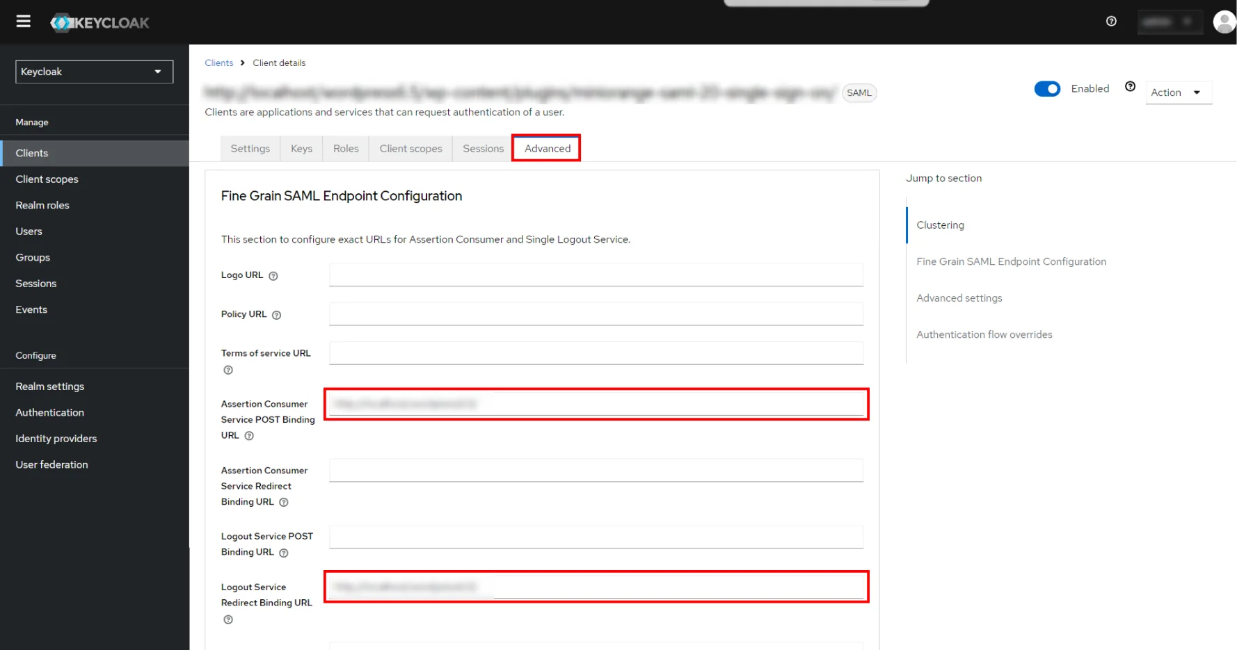 Keycloak  SSO | Advanced tab configuration