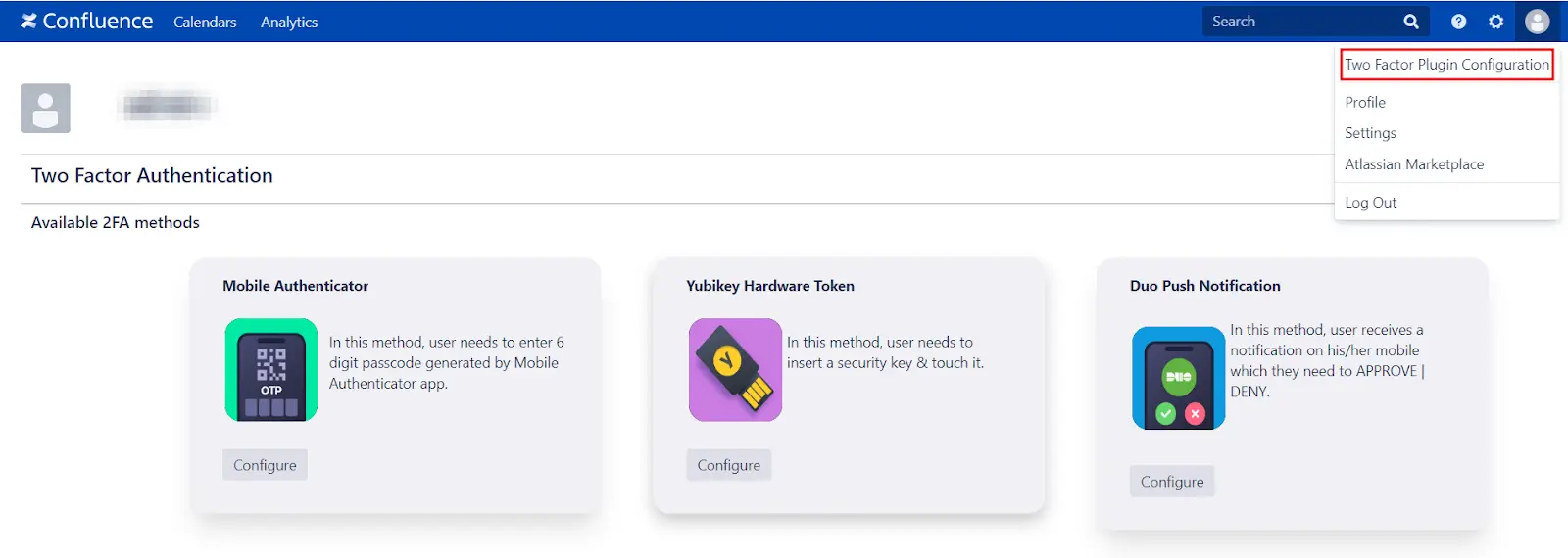 Setup Two Factor (2FA / MFA) Authentication for Confluence using OTP, KBA, TOTP methods settings