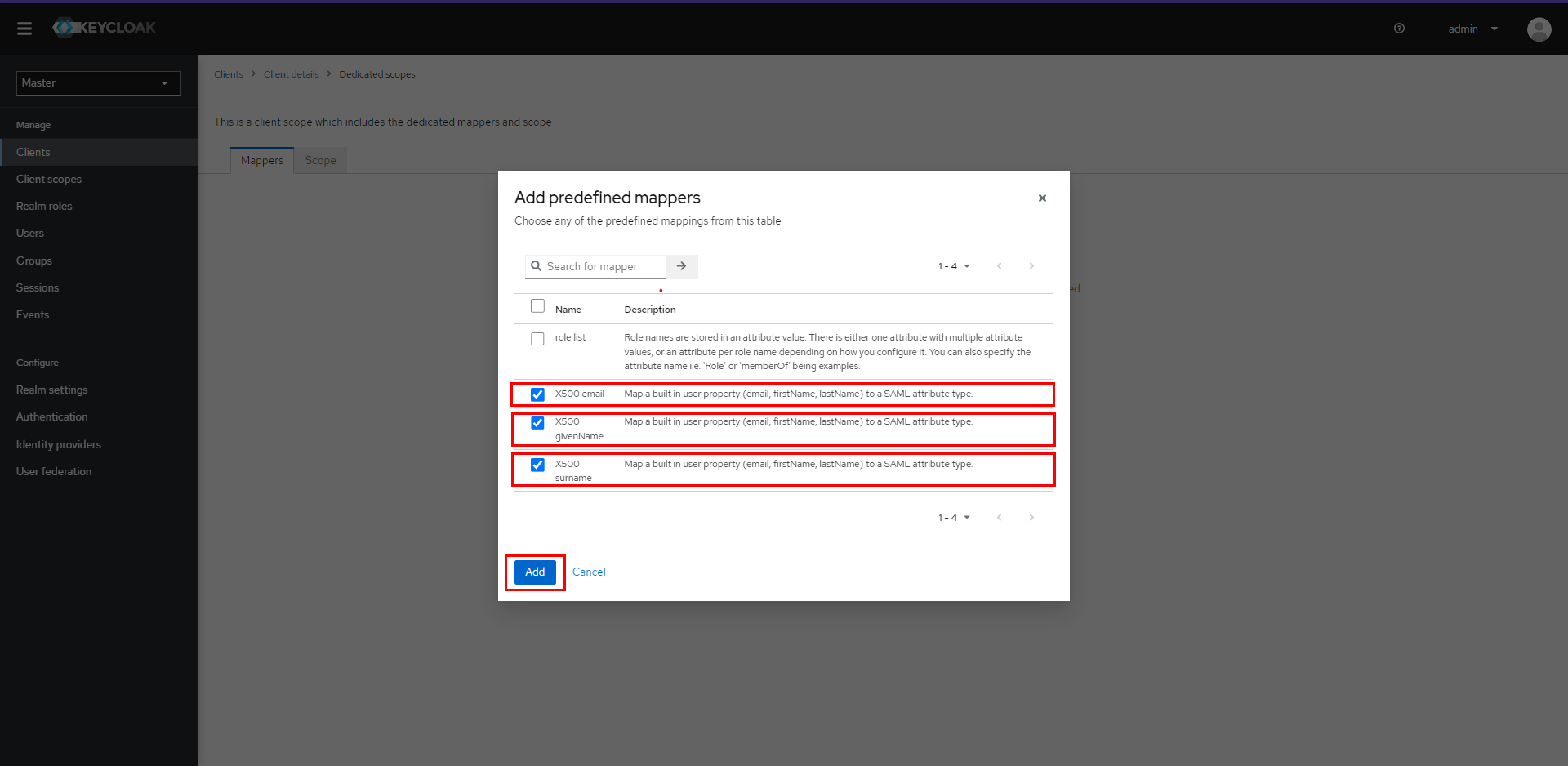 Keycloak  SSO | select checkboxes 