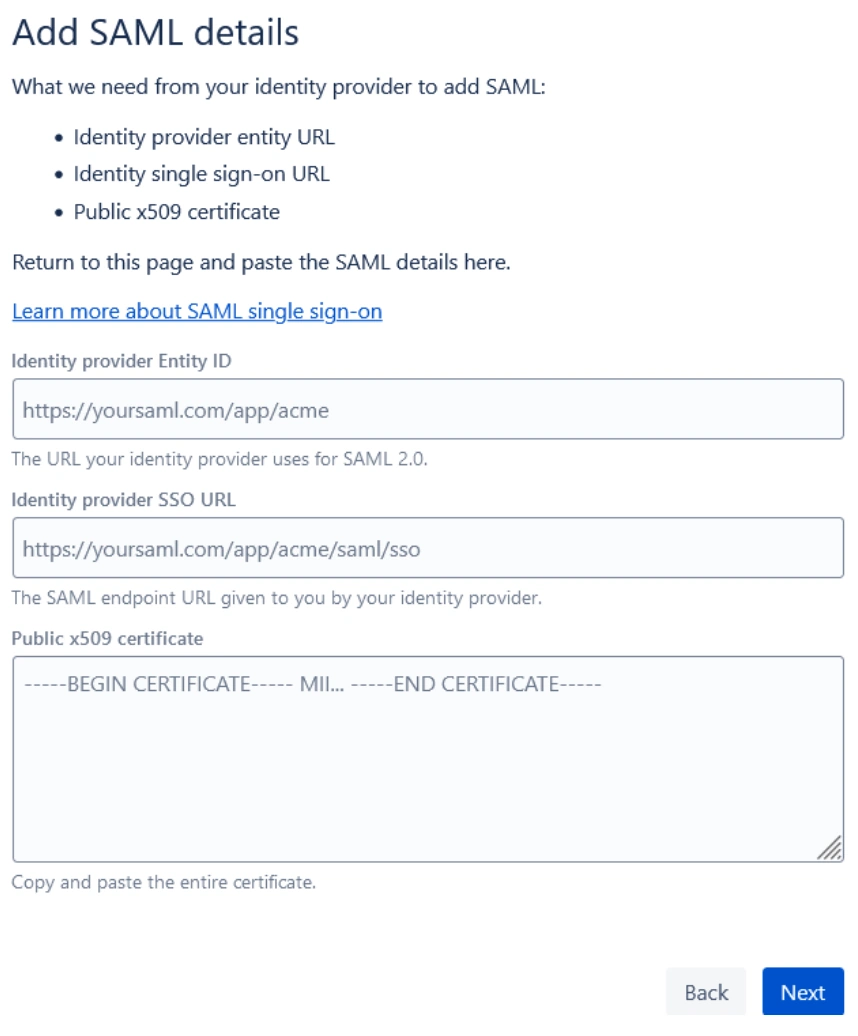 Copy SAML details from mO Jira OAuth/OIDC SSO app and configure it on Atlassian Guard under the add SAML details section