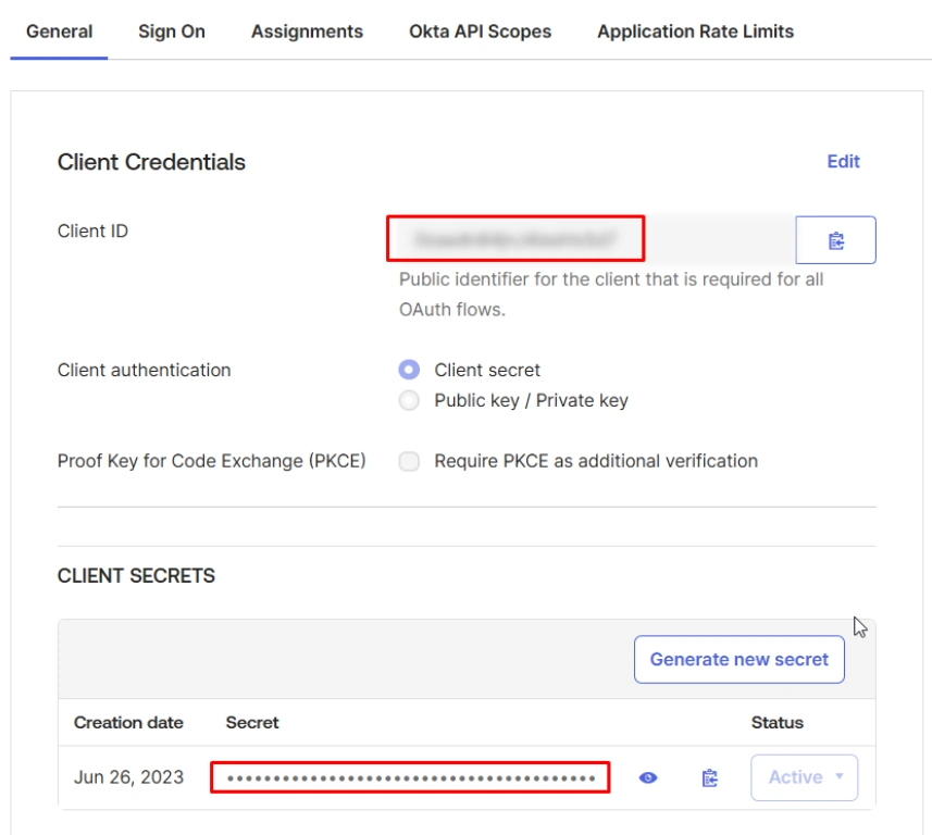 Okta new application general tab from where Client ID and Client Secret can be copied