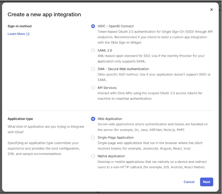 Okta's Create New App Integration page with OIDC option selected for the Sign-In method and Web option selected for the Application type