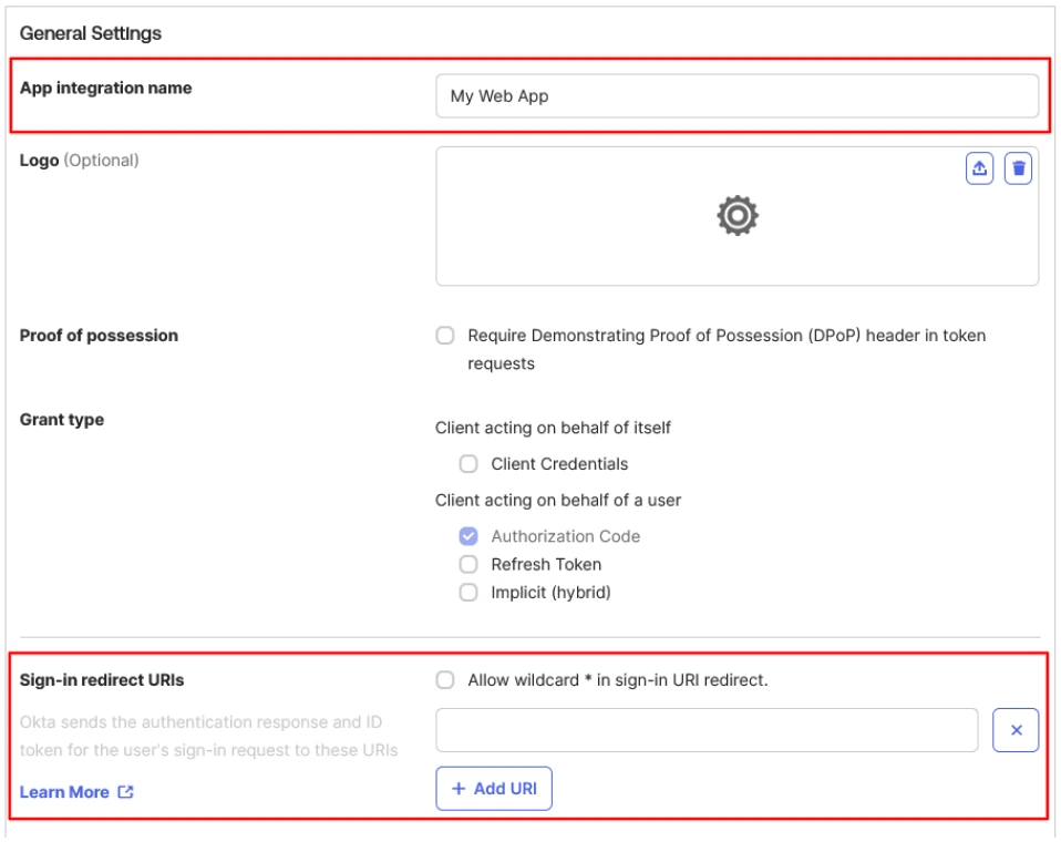 Okta's new app general setting where the user provides the app name and Callback URL