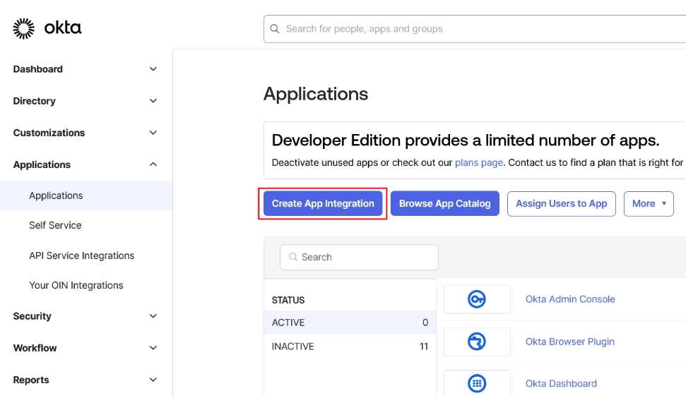 On Okta admin Dashboard side menu Application section with Create App Integration button highlighted.