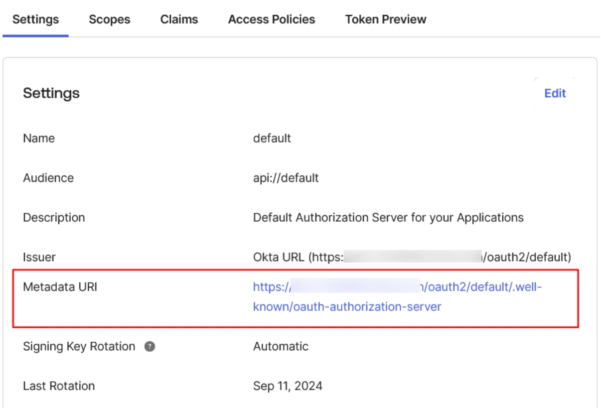 Okta's default Authorization server where you can find Okta's Metadata URI or OAuth Discovery endpoint.