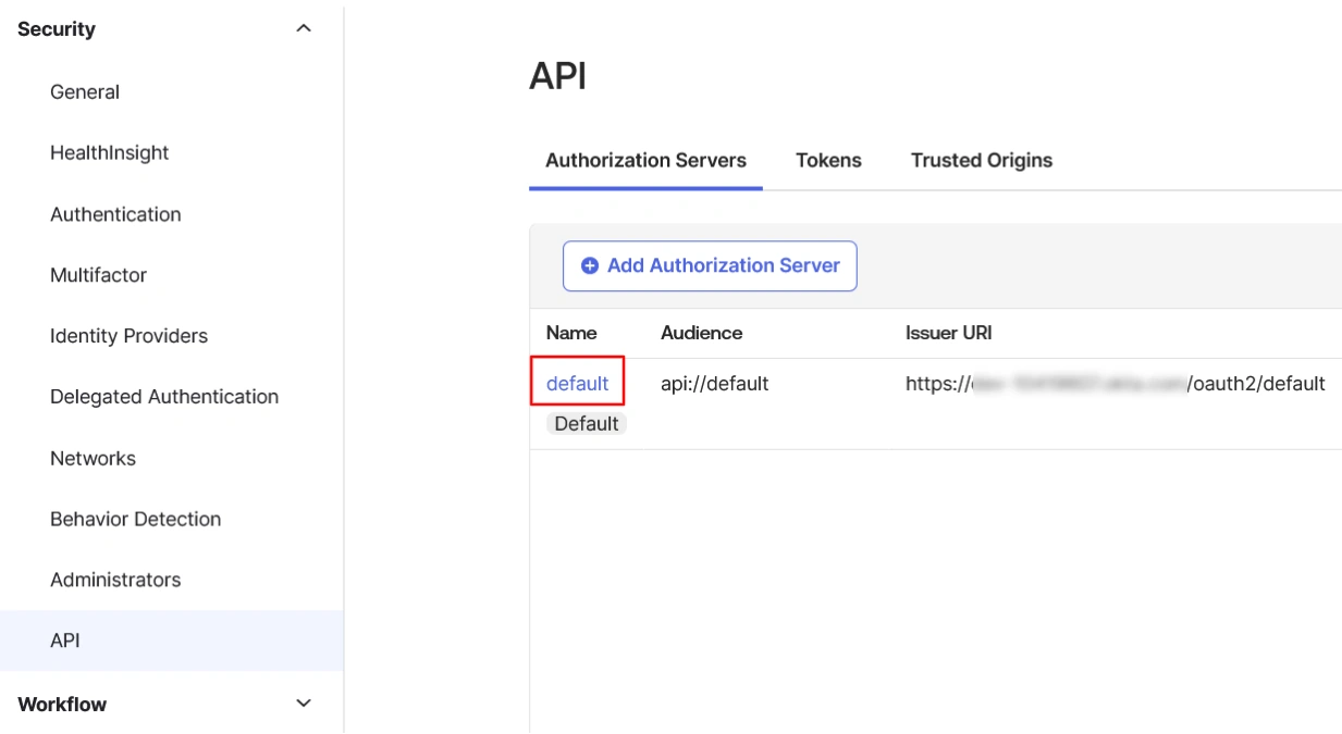 Okta admin dashboard side menu API section where default Authorization server configuration can be found