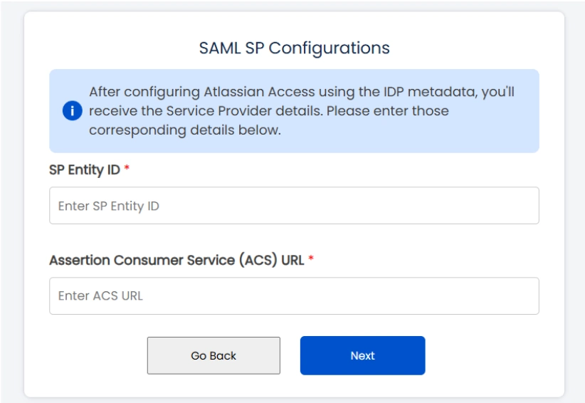 SAML SP configuration section in mO Jira OAuth/OIDC SSO app, where SP details are copied from Atlassian Guard