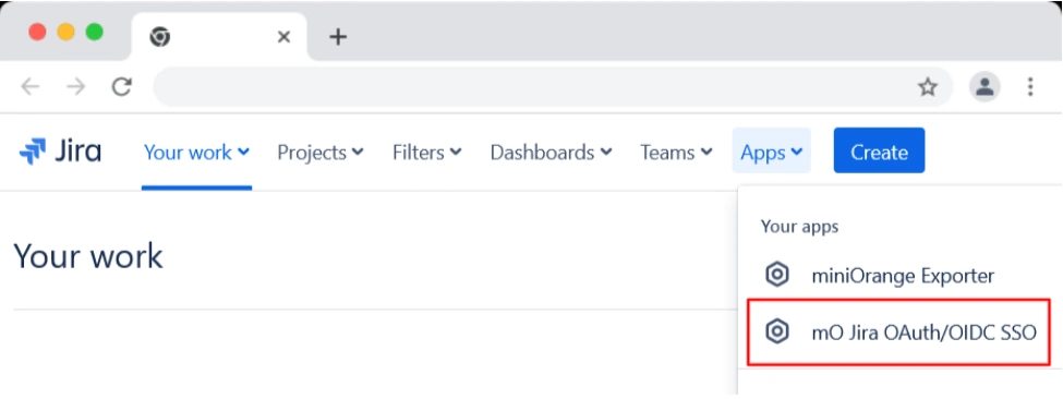 Jira app main menu with the Apps section open and the mO Jira OAuth/OIDC SSO app highlighted