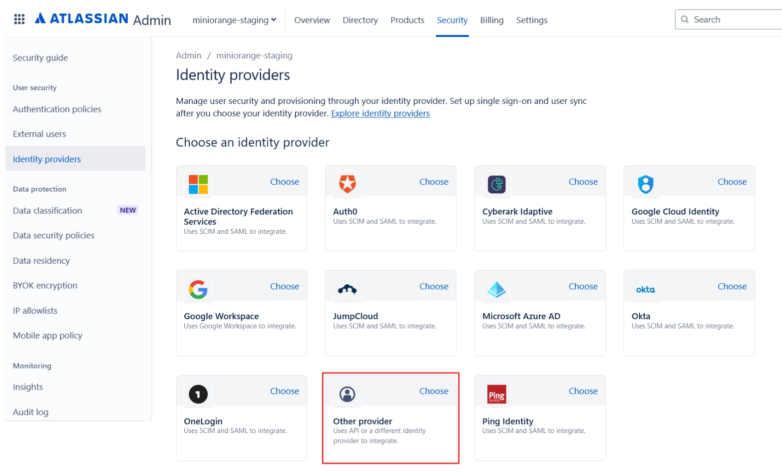  On the Atlassian admin dashboard, under the Security tab in the Identity providers section with the Other provider option highlighted.