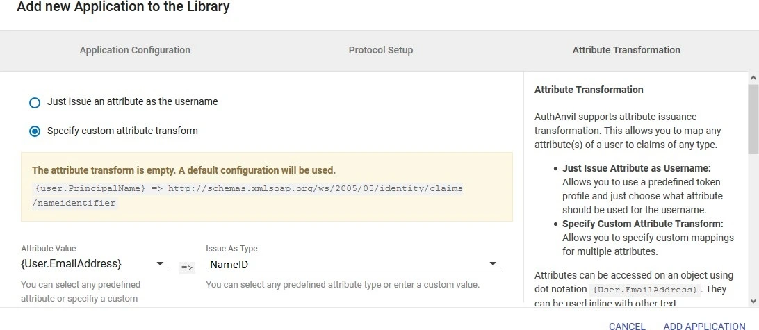 SAML Single Sign On (SSO) using AuthAnvil Identity Provider, Attribute Transformation