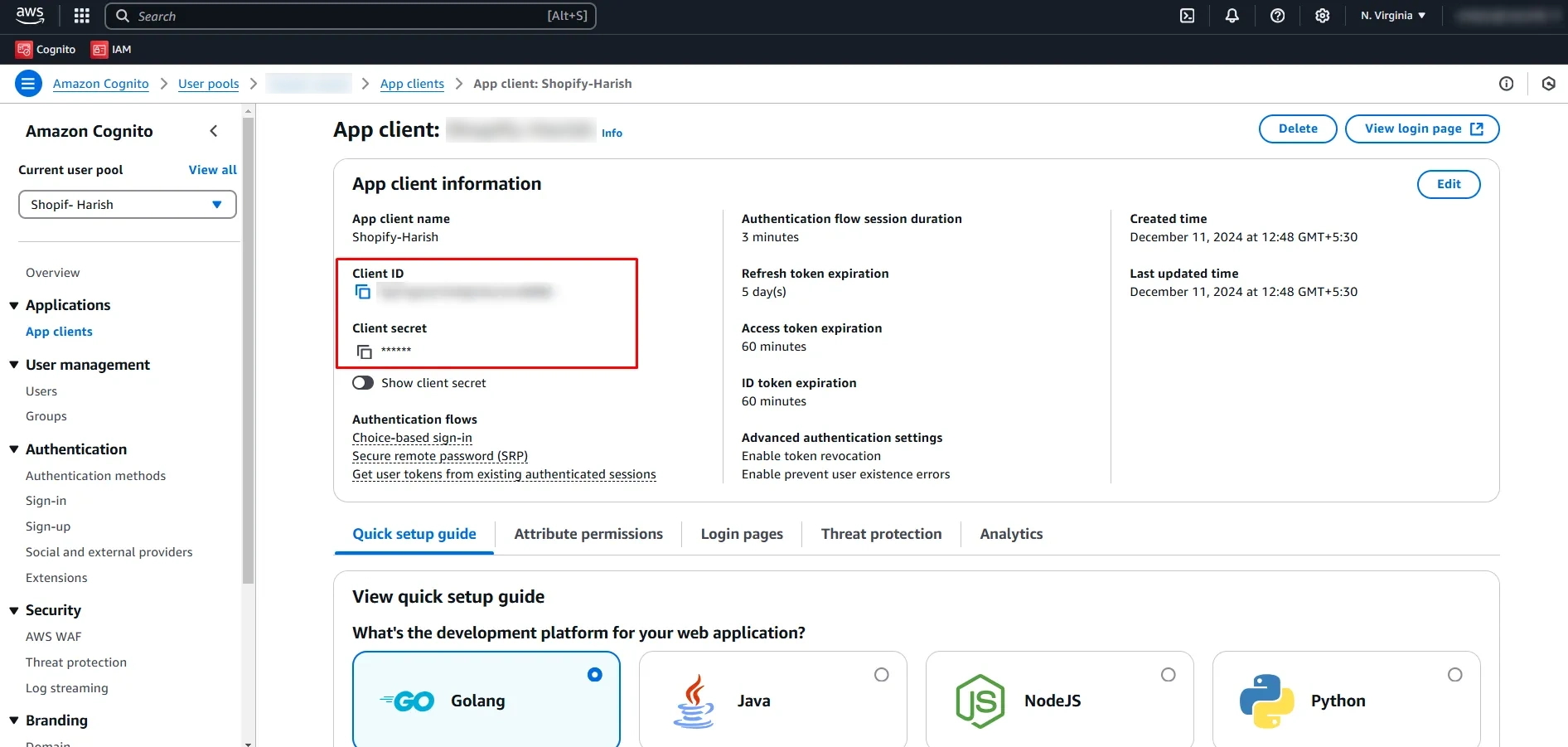 AWS Cognito SSO - Copy Client ID and Secret