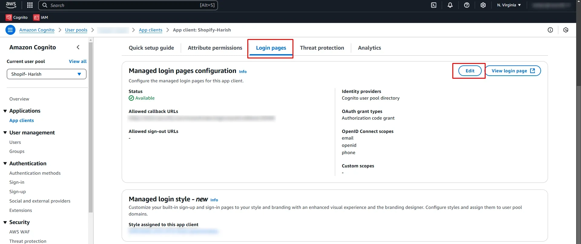 AWS Cognito SSO - Click on Edit for SSO Configurations