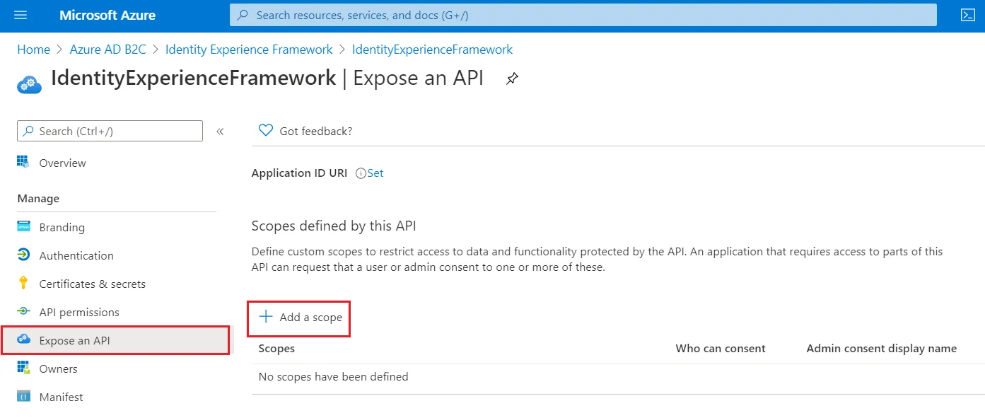 SAML Single Sign-On (SSO) using Azure AD B2C as Identity Provider (IdP),for SAML 2.0 Azure AD B2C, Expose an api