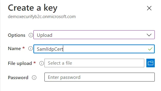 SAML Single Sign-On (SSO) using Azure AD B2C as Identity Provider (IdP),for SAML 2.0 Azure AD B2C, Create a Key