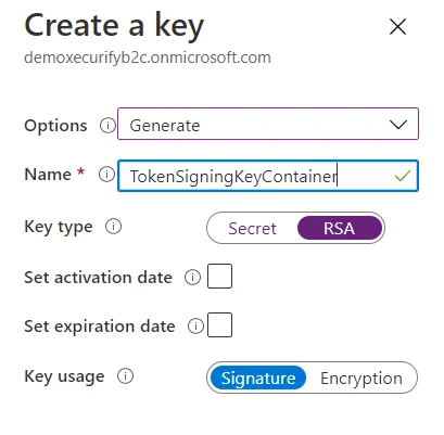 SAML Single Sign-On (SSO) using Azure AD B2C as Identity Provider (IdP),for SAML 2.0 Azure AD B2C,Create the signing key