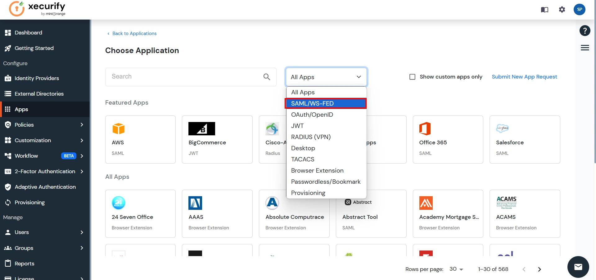 Atlassian Access Cloud Single Sign-On (SSO) choose app type