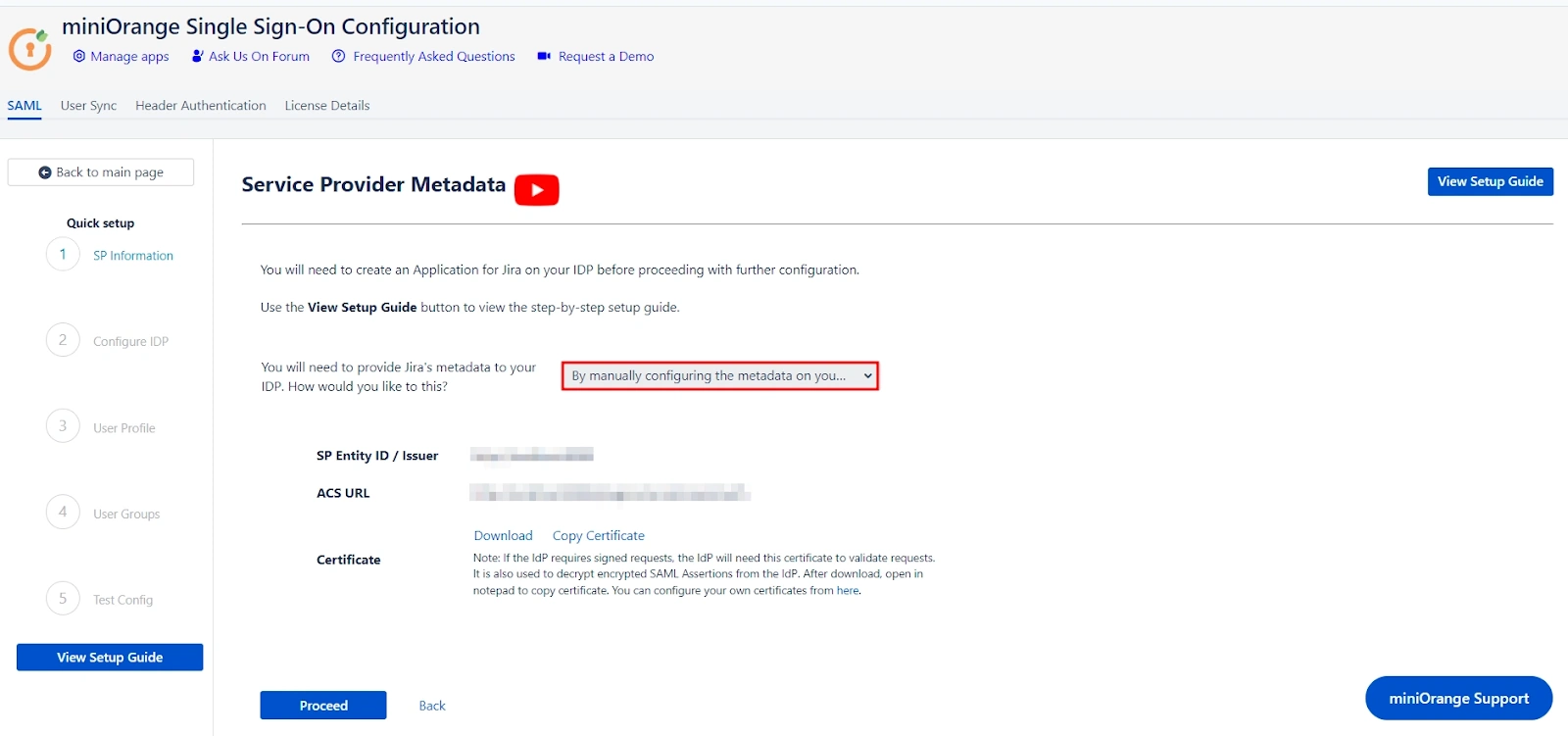 the Service Provider Metadata window inside the miniOrange SAML SSO + SCIM app for Confluence with the By manually configuring the metadata option highlighted