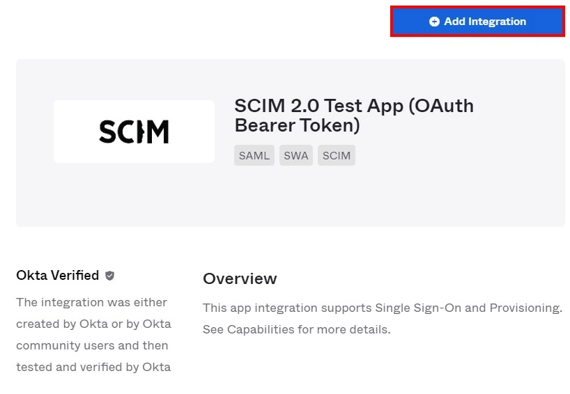 the SCIM 2.0 Test App (Bearer Token) application window that opens after you click on it with the Add Integration button highlighted
