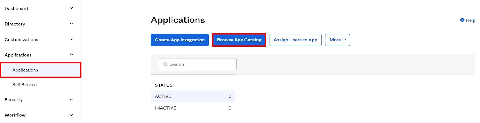 Applications window inside your Okta admin console