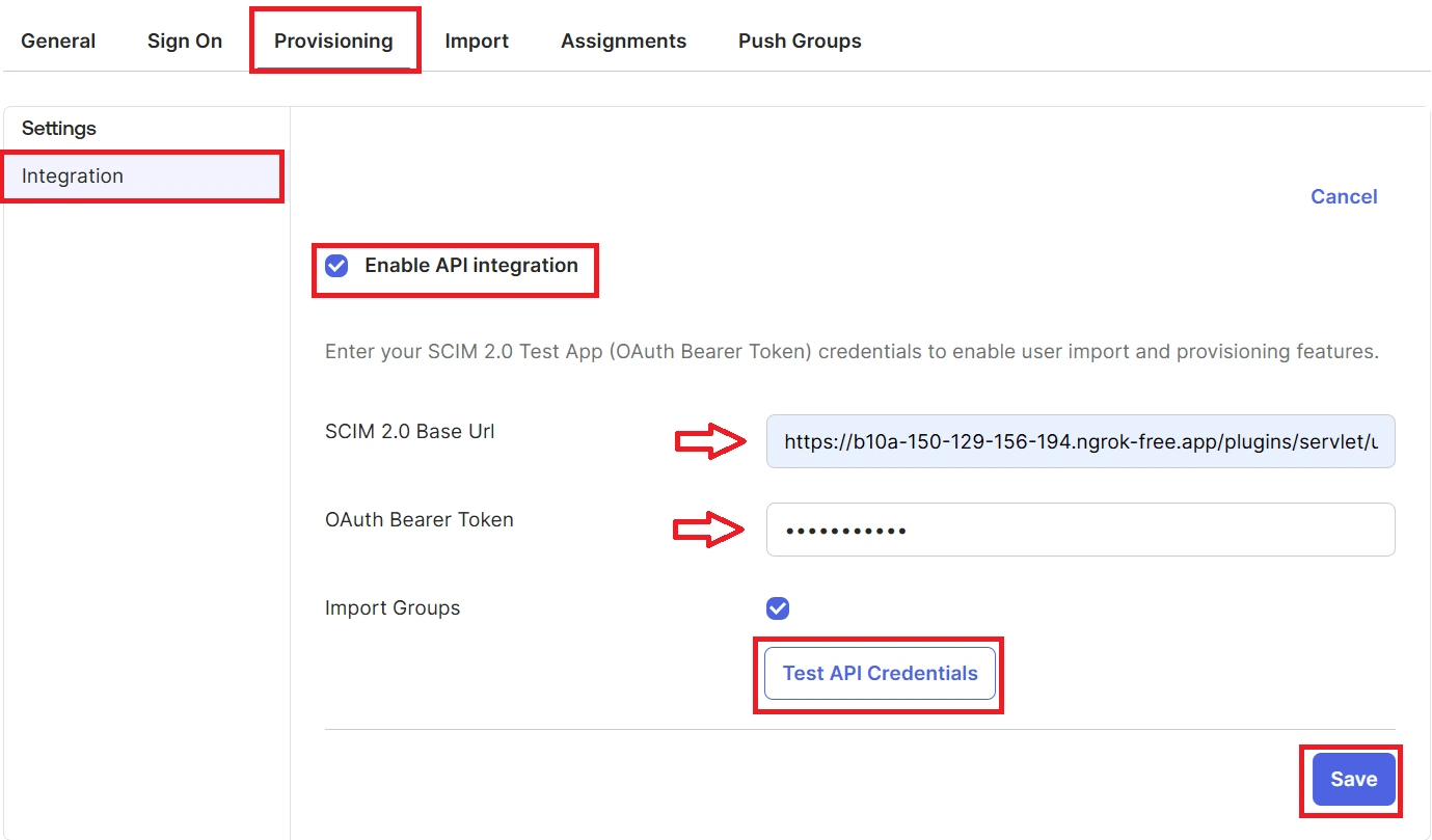 Enable API integration section inside Okta's Provisioning tab